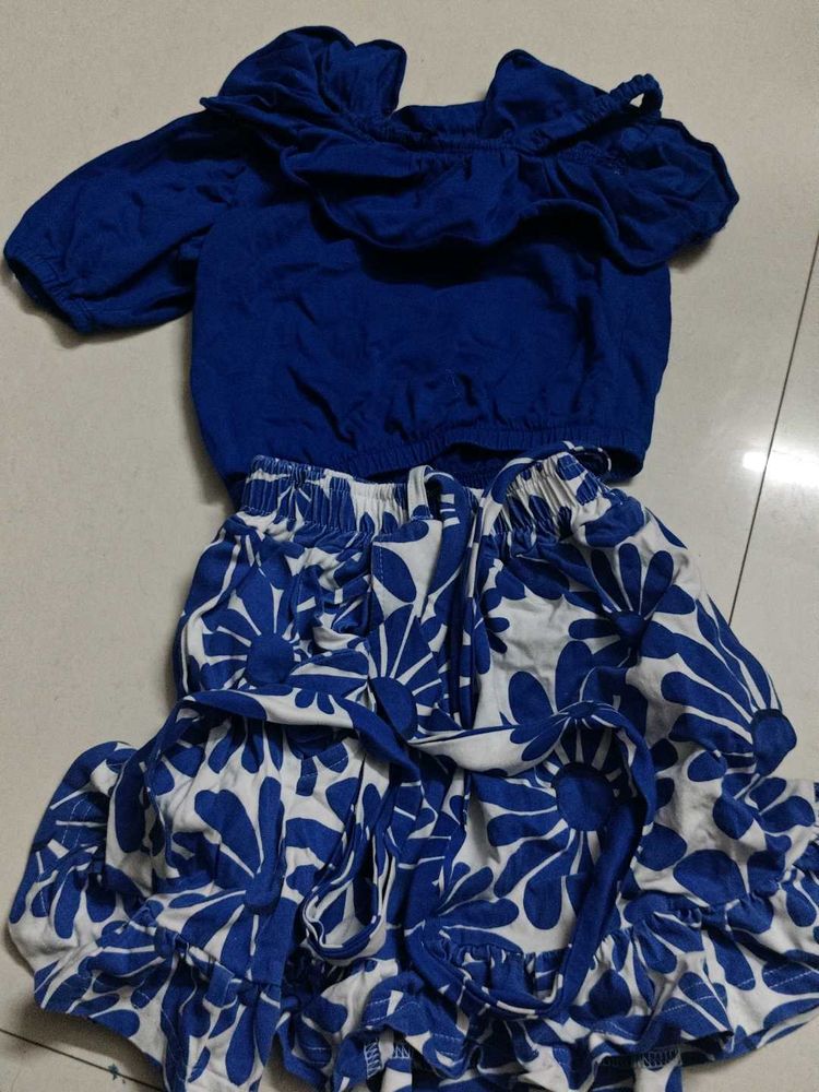 Girls Blue Floral Top &amp; Skirt Set