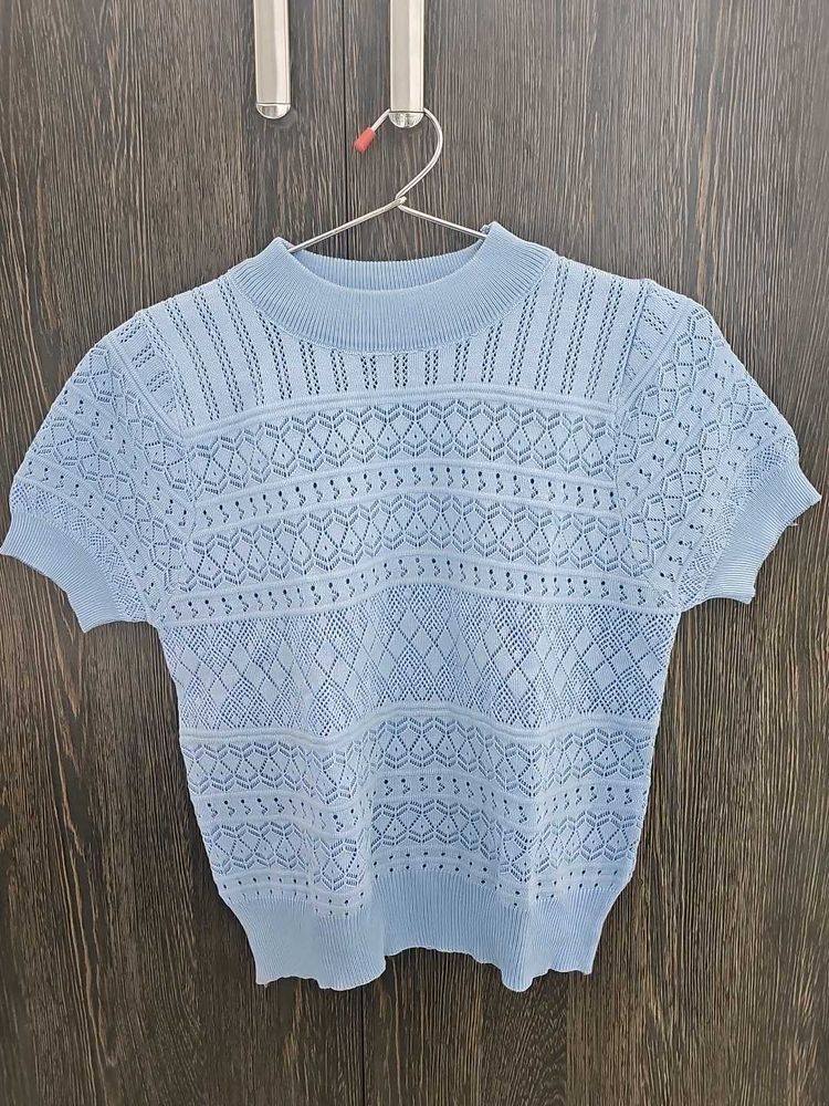 Blue Knit Mock Neck Top