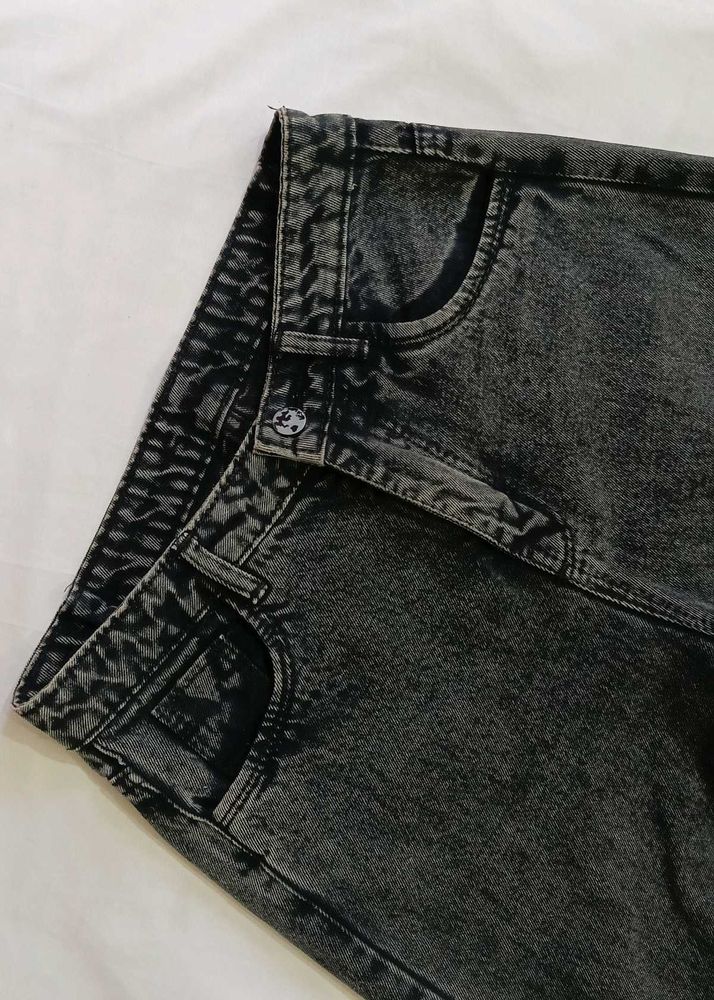 Acid Wash Charcoal Grey Ripped Straight-Fit Jeans