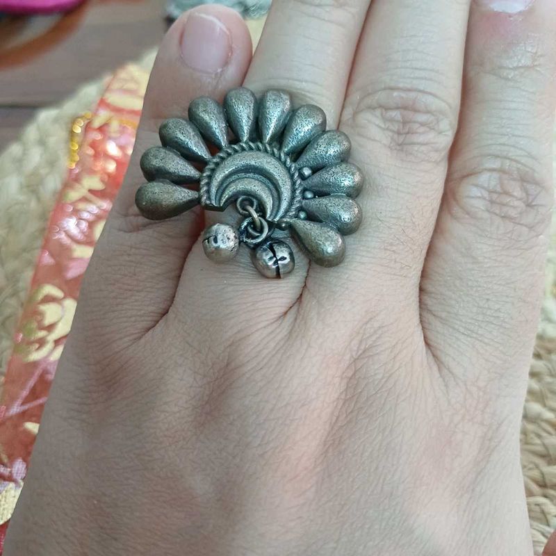 Oxidized Boho Adjustable Peacock Ghungroo ring