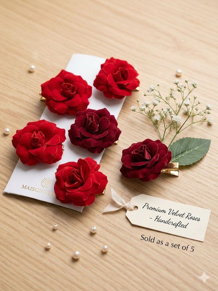 Set of 5 Red Velvet Rose Hair Clips🌹