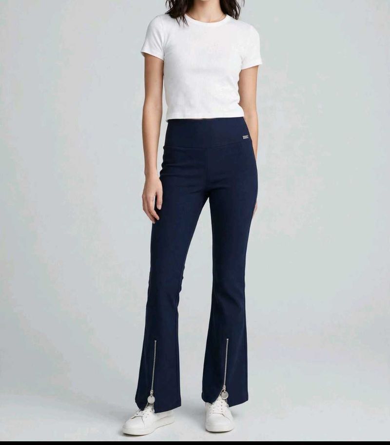 Flared Navy Blue Pants with Zippers