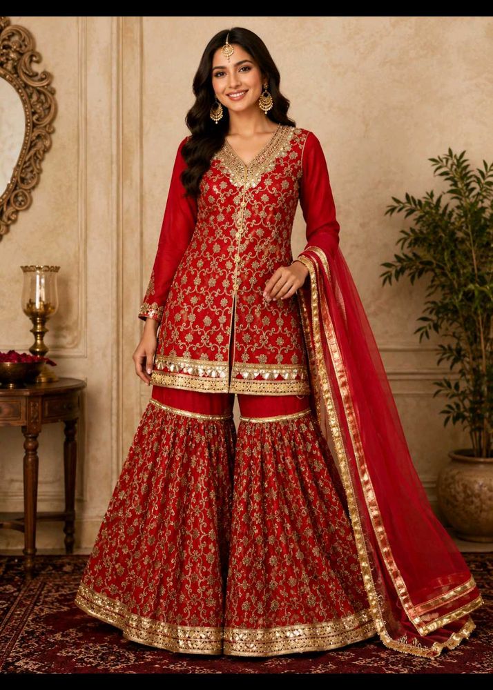 Red Embroidered Kurta Set with Sharara