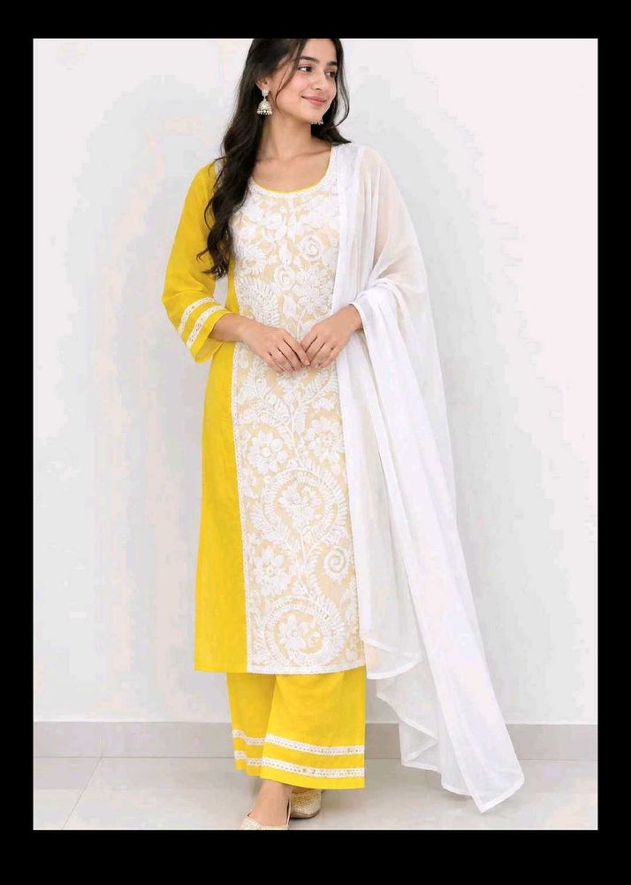 Yellow &amp; White Chikankari Kurta Set