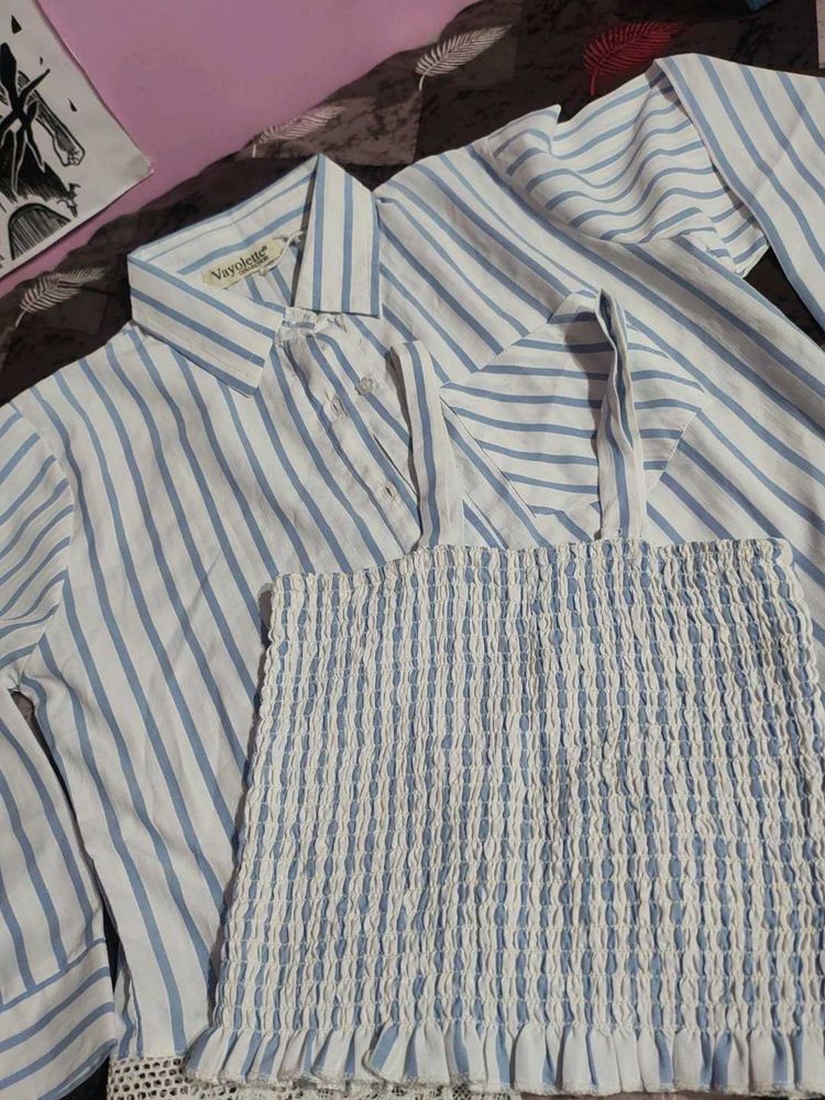 Blue Striped Smocked Top &amp; Shirt Set
