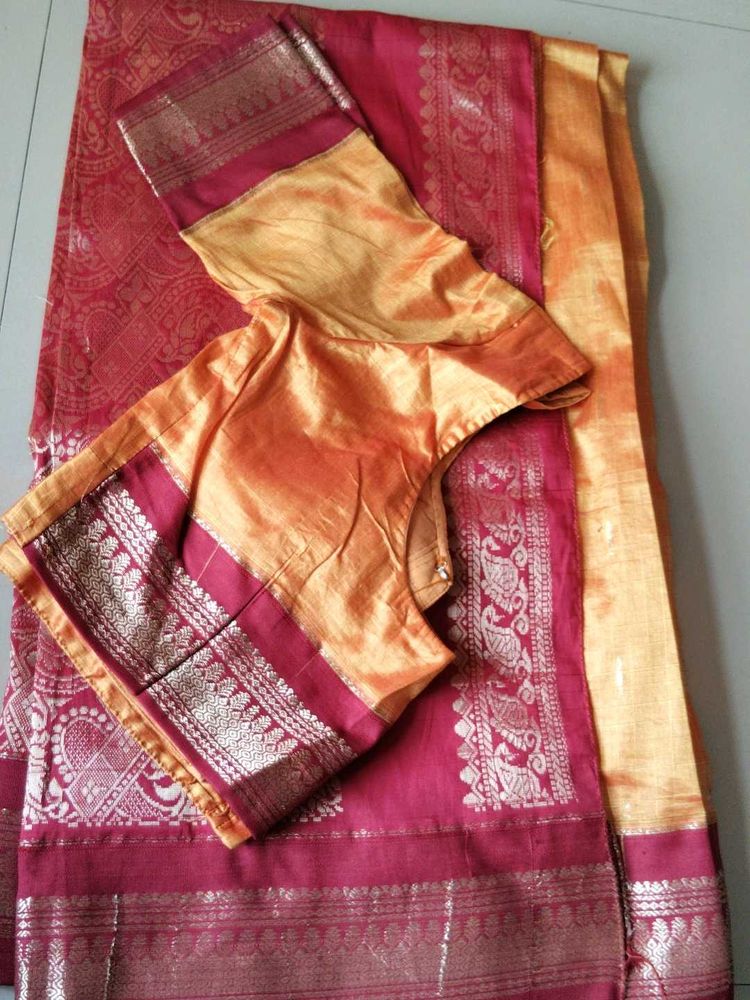 Elegant Red &amp; Gold Silk Saree with Blouse
