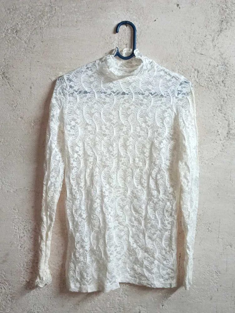 See-through Lace Mock Neck Top