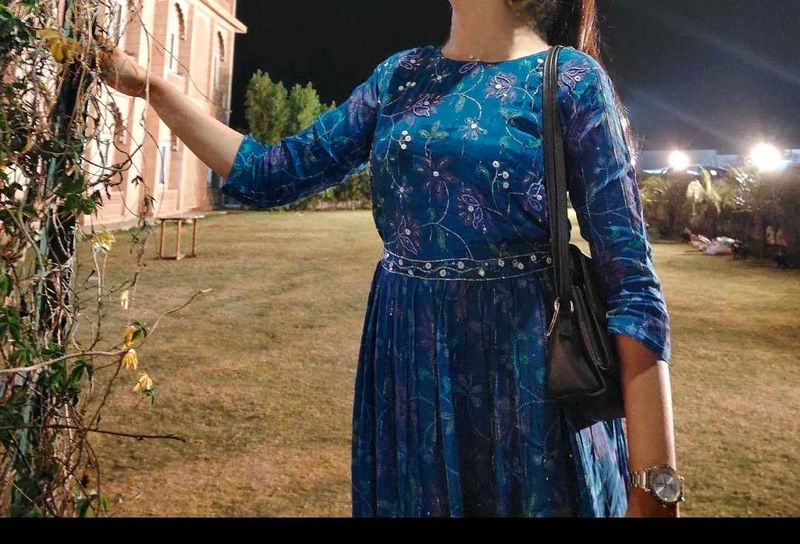 Blue Floral Print Ethnic Gown