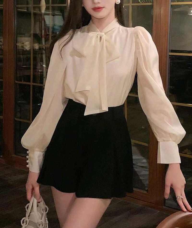 Korean Pinterest Elegant White Bow Neck Blouse