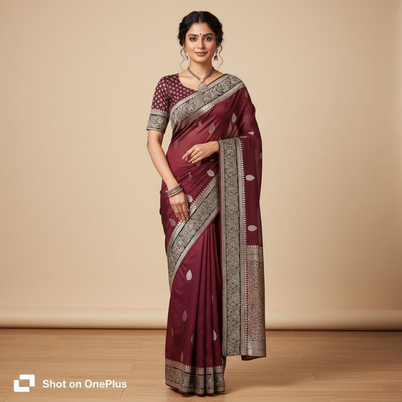 Heavy Zaria work, elegant maroon saree