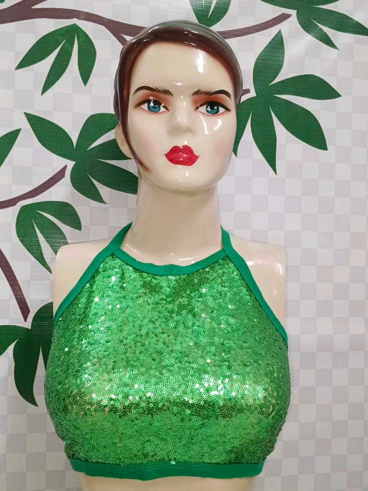 (400)Sparkling Green Sequin Halter Top
