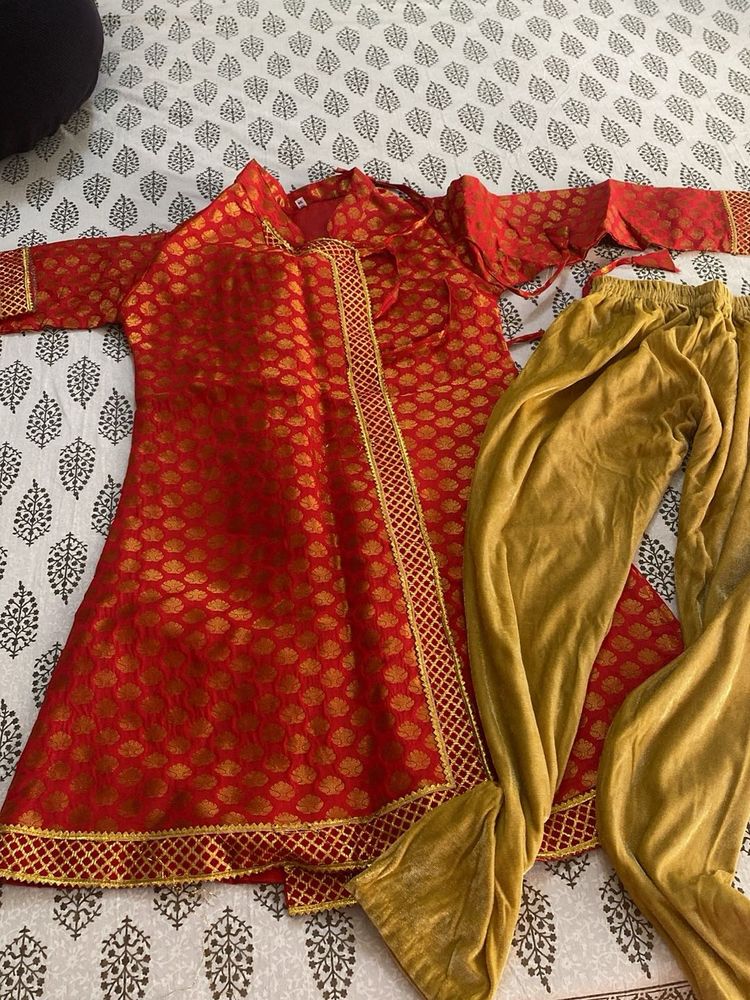 Red Brocade Kurta with Golden Pants