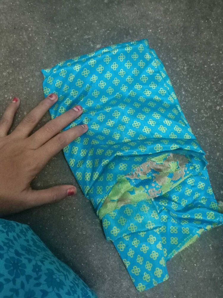 Beautiful Blue blouse material with Green Motifs