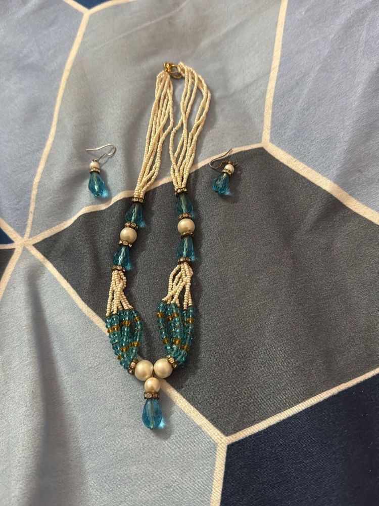 Aqua Beaded Necklace &amp; Earring Set