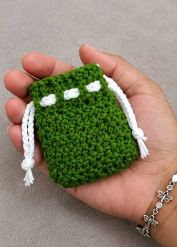 Handmade Green Crochet Drawstring Pouch