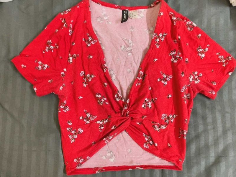 Red Floral Twist Front Crop Top