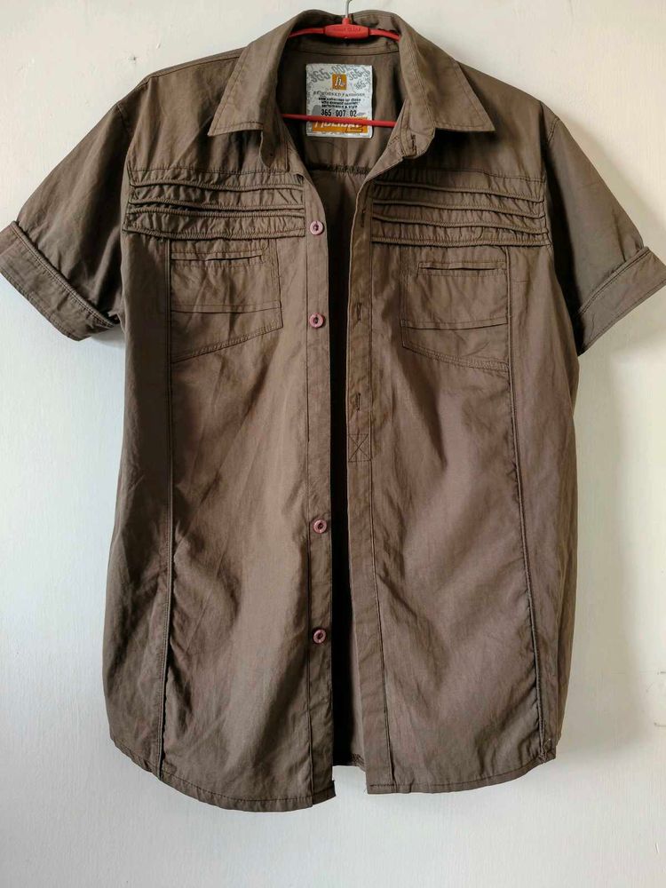 Brown Short Sleeve Button-Up Shirt