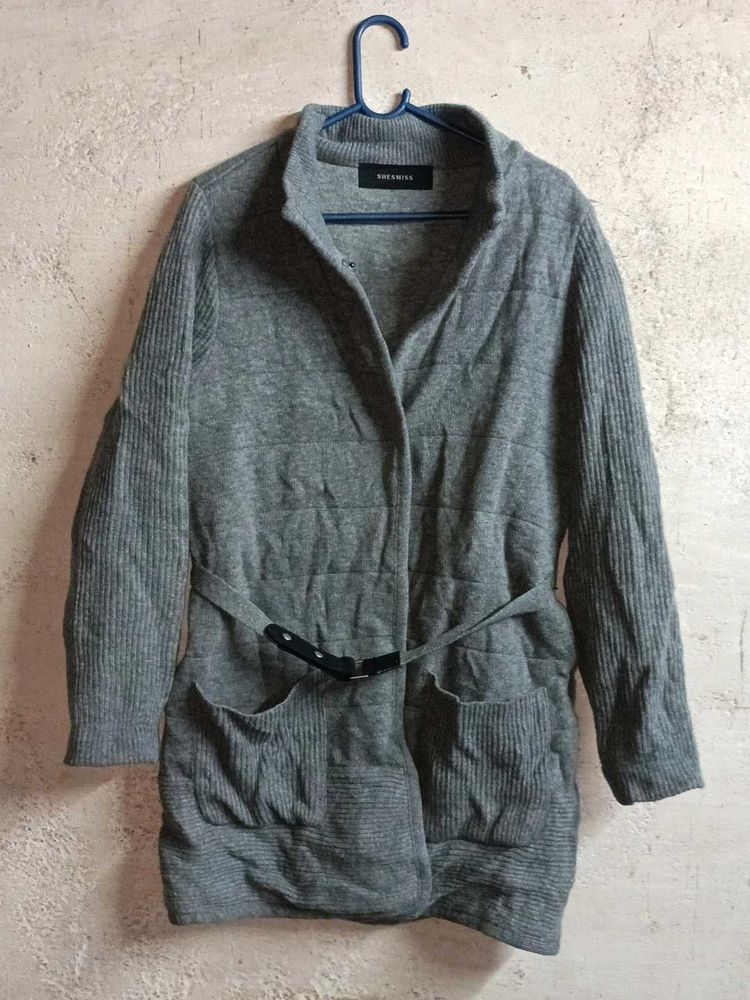 Grey Belted Cardigan Sweater Long