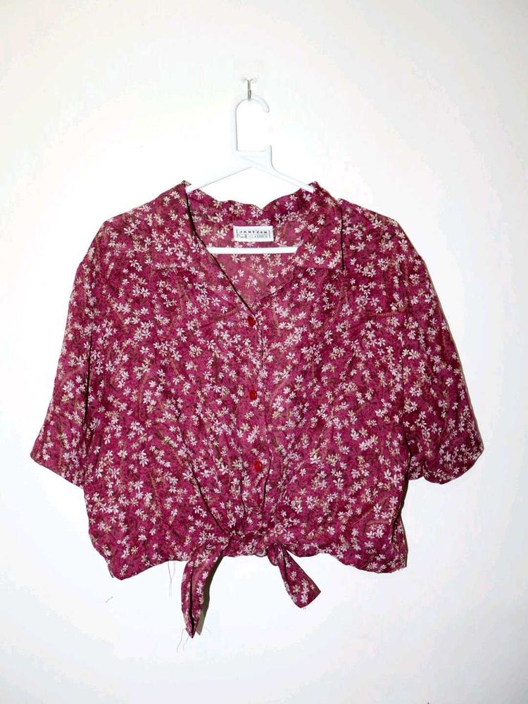 Floral Print Tie-Front Cropped Shirt
