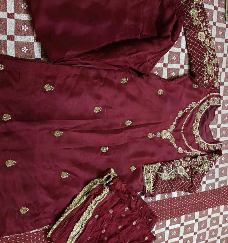 Maroon Embroidered Kurta Set