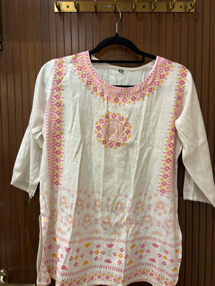 White Kurta with Pink &amp; Yellow Print