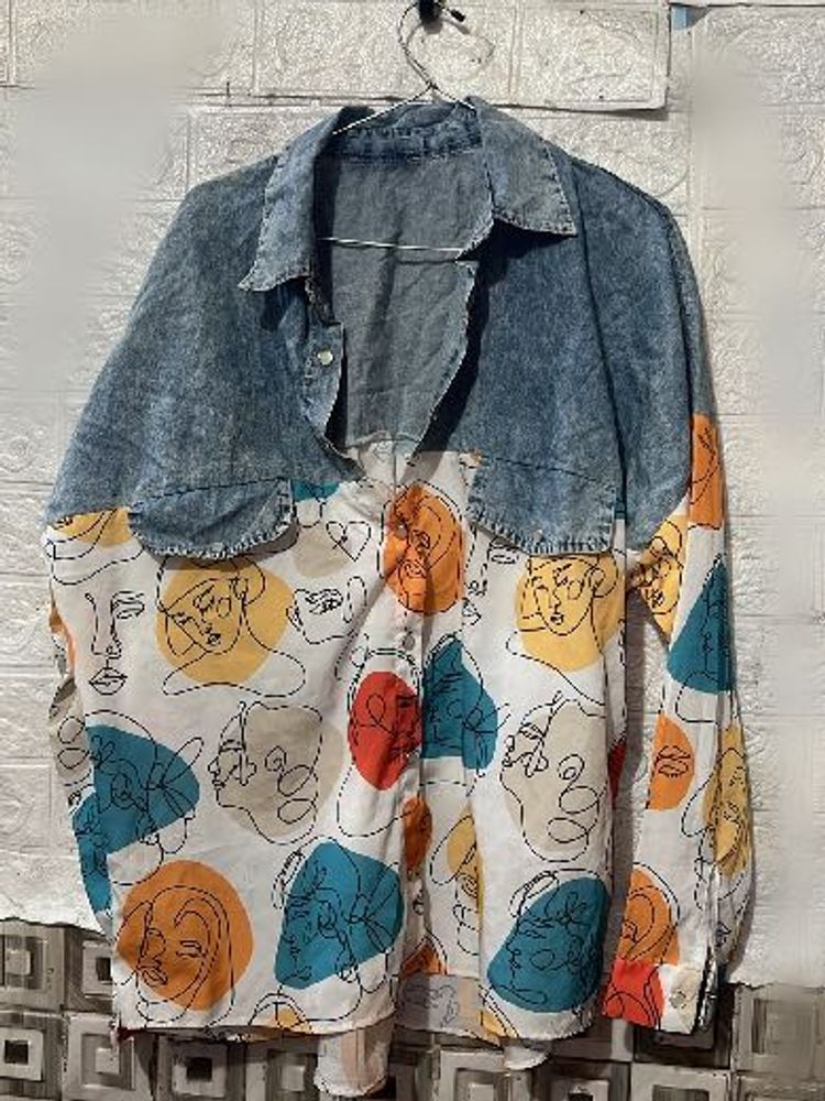 Unique Abstract Print Denim Top