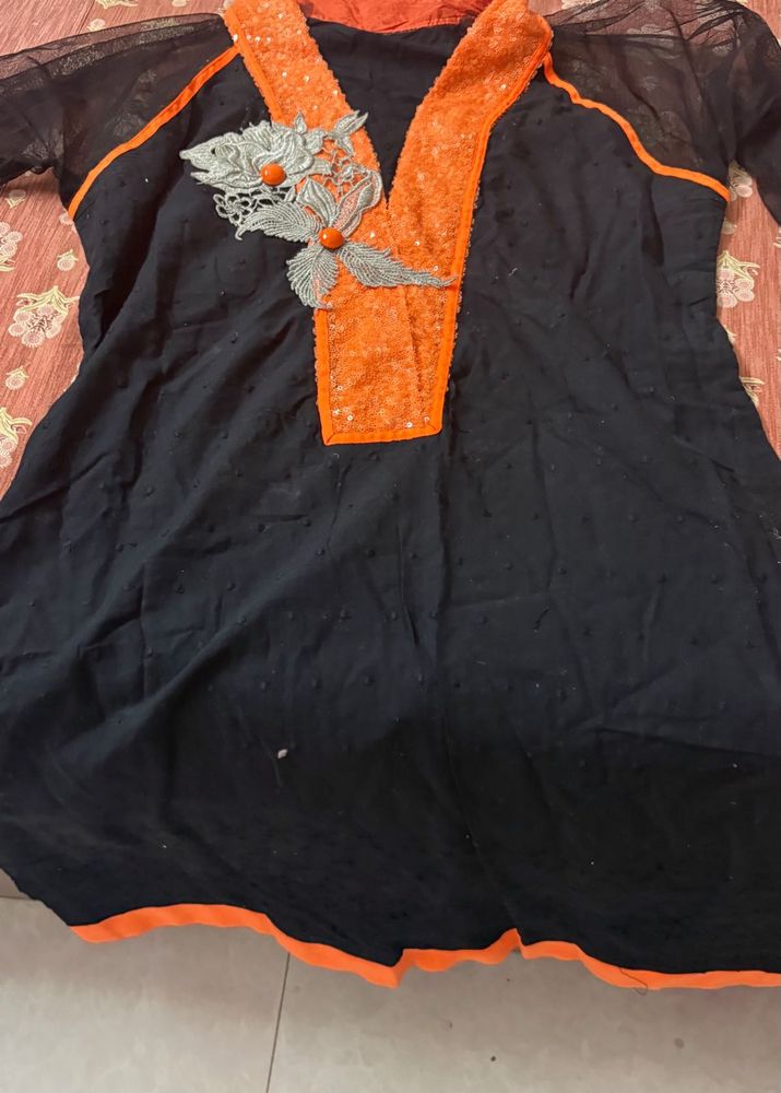 Black Kurta with Orange Neckline