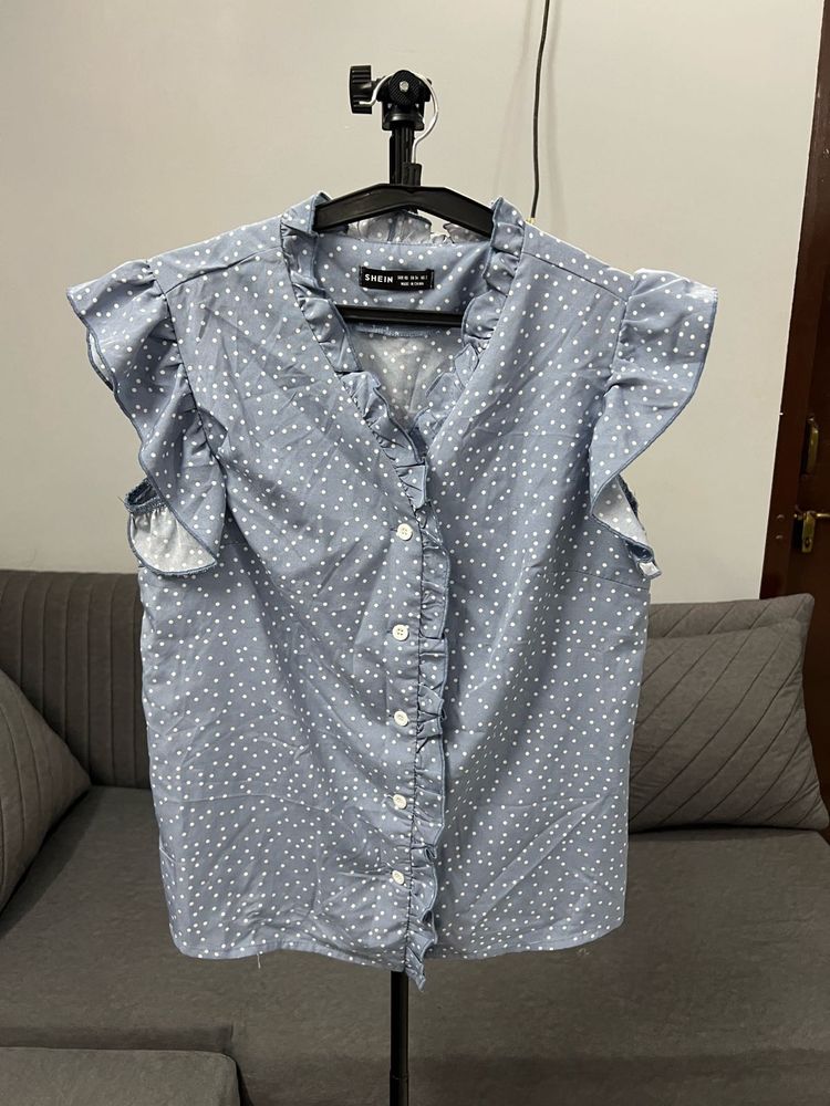 Blue Shein Polka Dot Ruffle Top