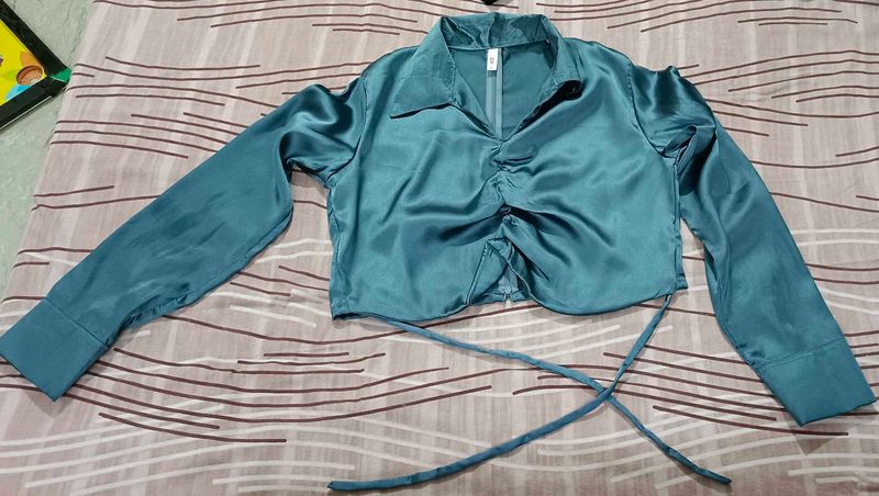 Satin Ruched Tie-Front Crop Shirt