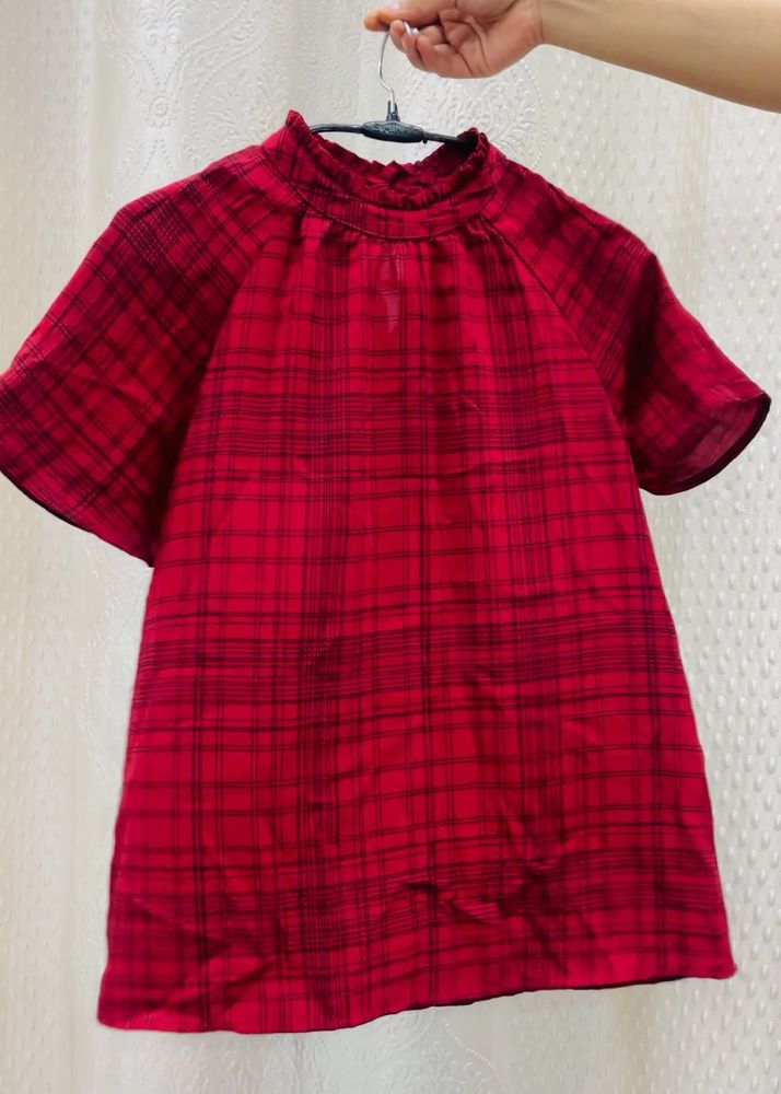 Red Plaid Mock Neck Top