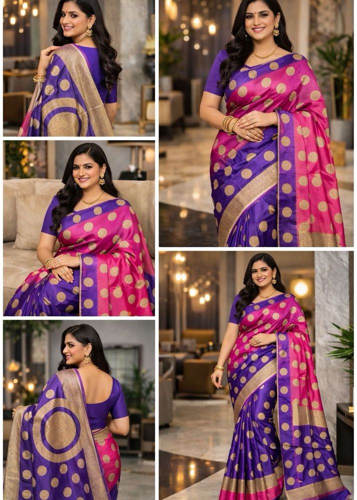 Elegant Pink &amp; Purple Polka Dot Saree
