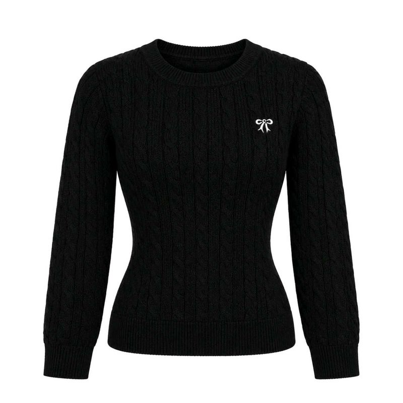 Chic Black Cable Knit Sweater with Bow Detail