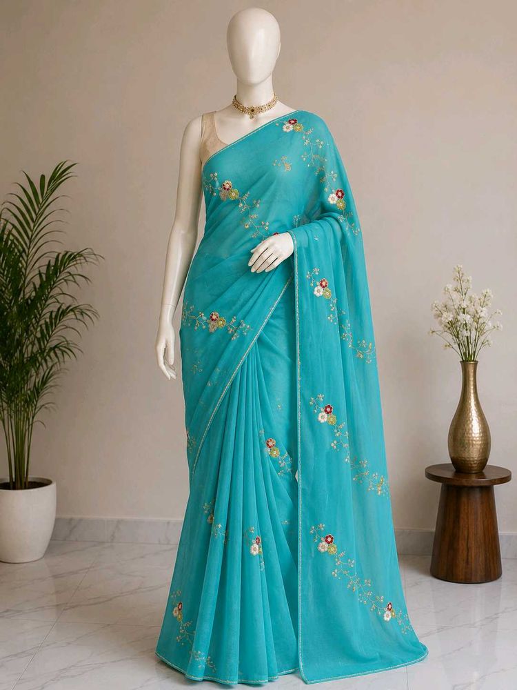 Elegant Teal Embroidered Saree