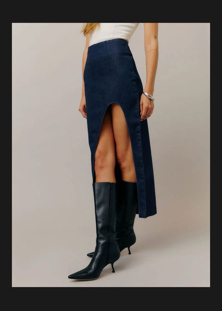 Dark Wash Denim Maxi Skirt with Slit
