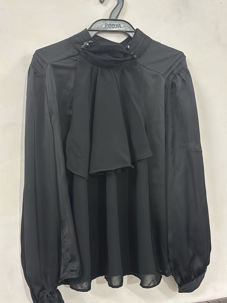 Chic Black Ruffled High-Neck Blouse