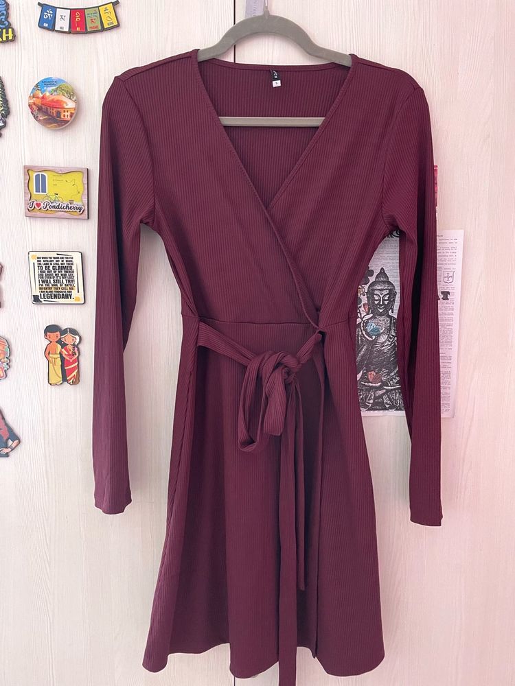 Maroon Ribbed Wrap Dress