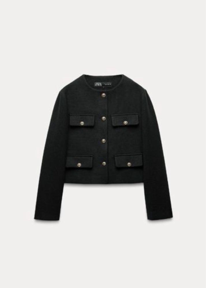 Chic Black Cropped Jacket with Gold Buttons