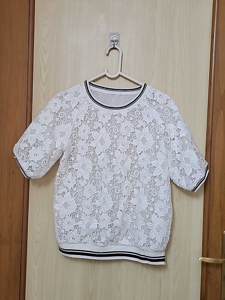White Lace Floral Short Sleeve Top Never worn