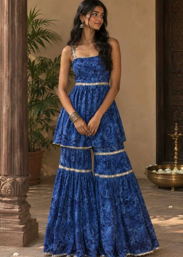 Stunning Blue Tiered Sharara Set