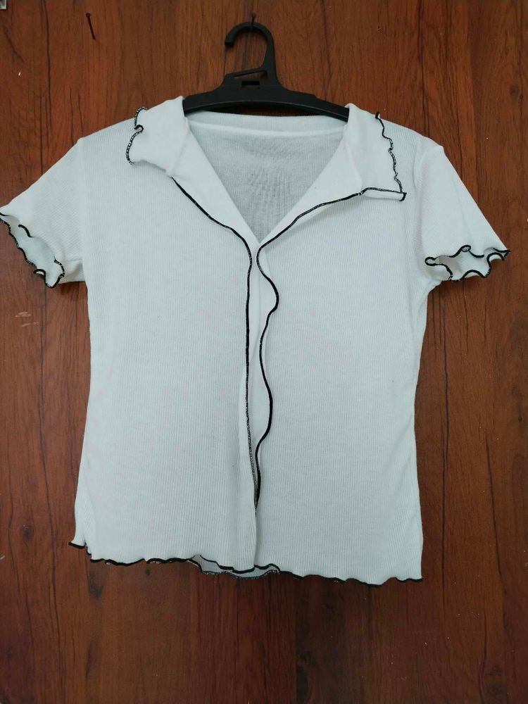 White Ribbed Top with Black Trim