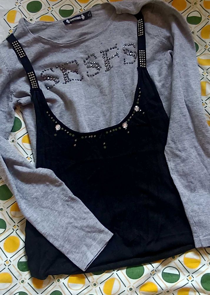 Grey Long Sleeve Top with Black Embellished Camiso