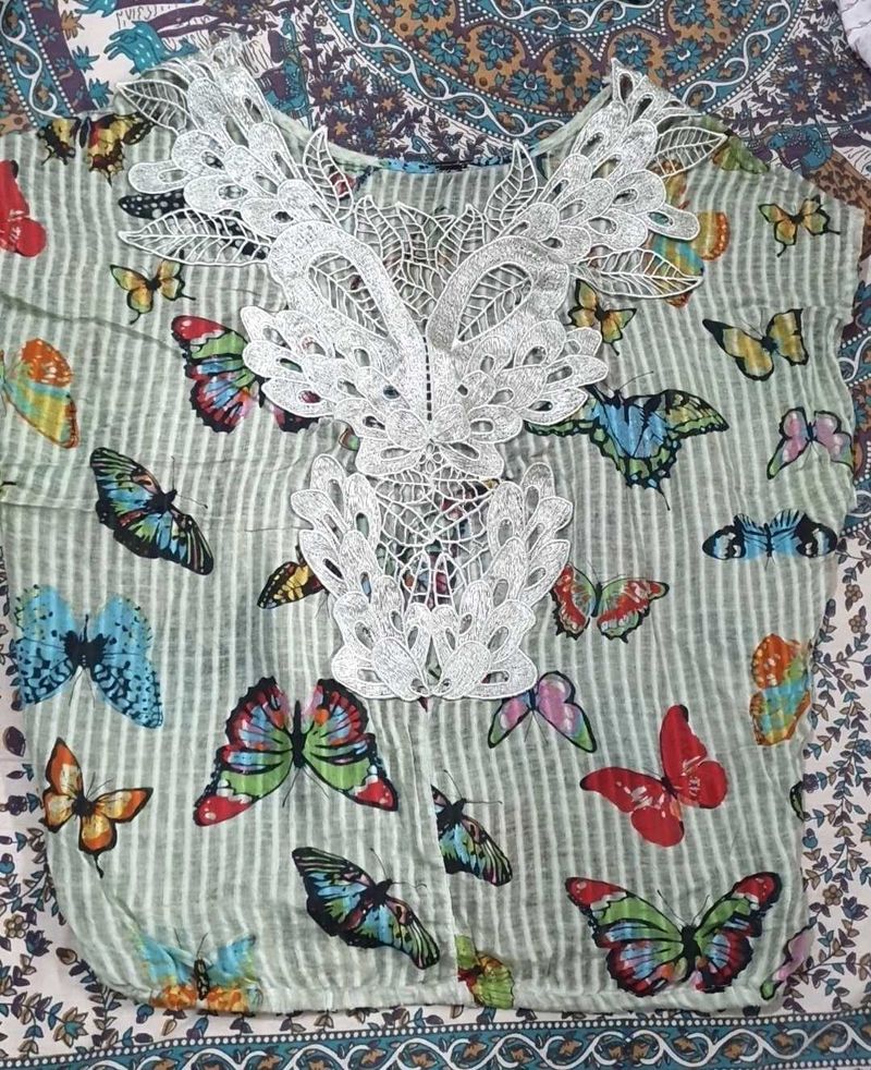 Butterfly Print Top with Lace Detail