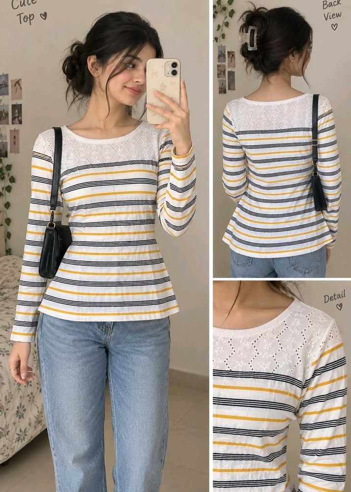 Striped Long Sleeve Top with Lace Detail