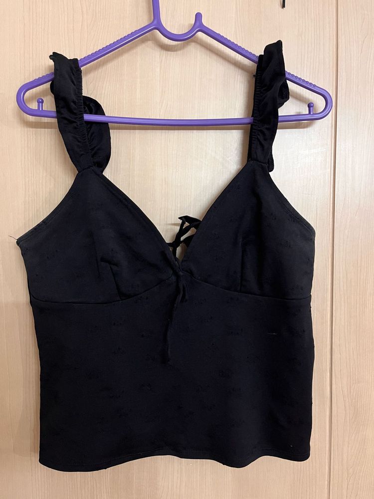Black Tie-Front Ruffle Strap Top