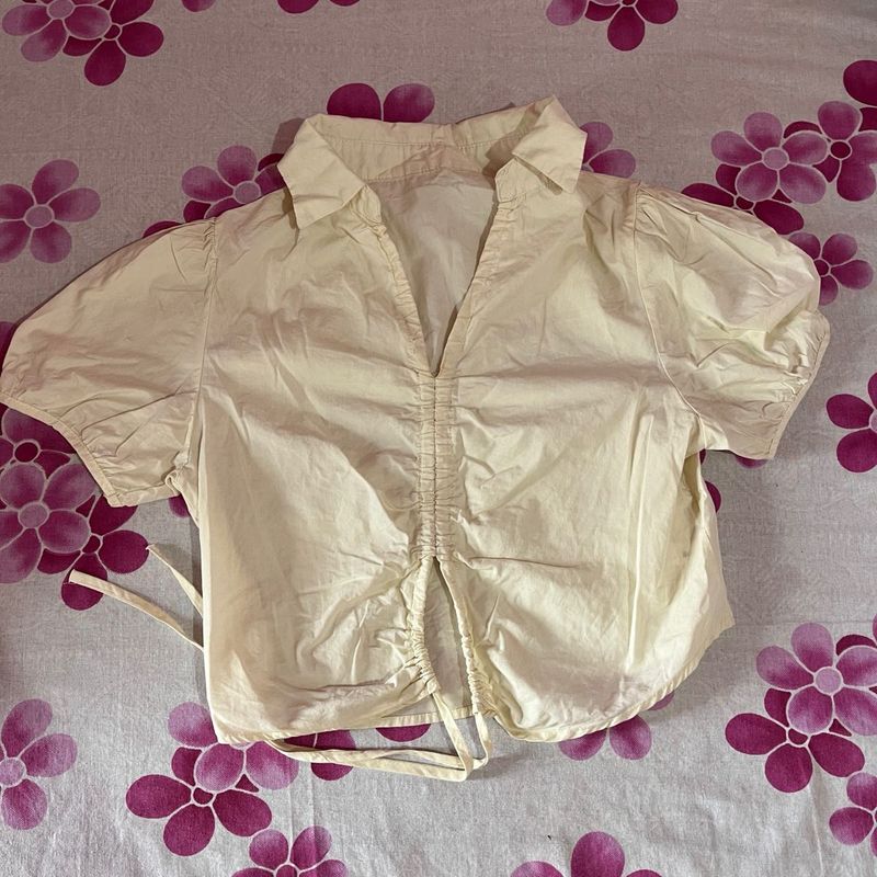 Cream Ruched Cropped Shirt