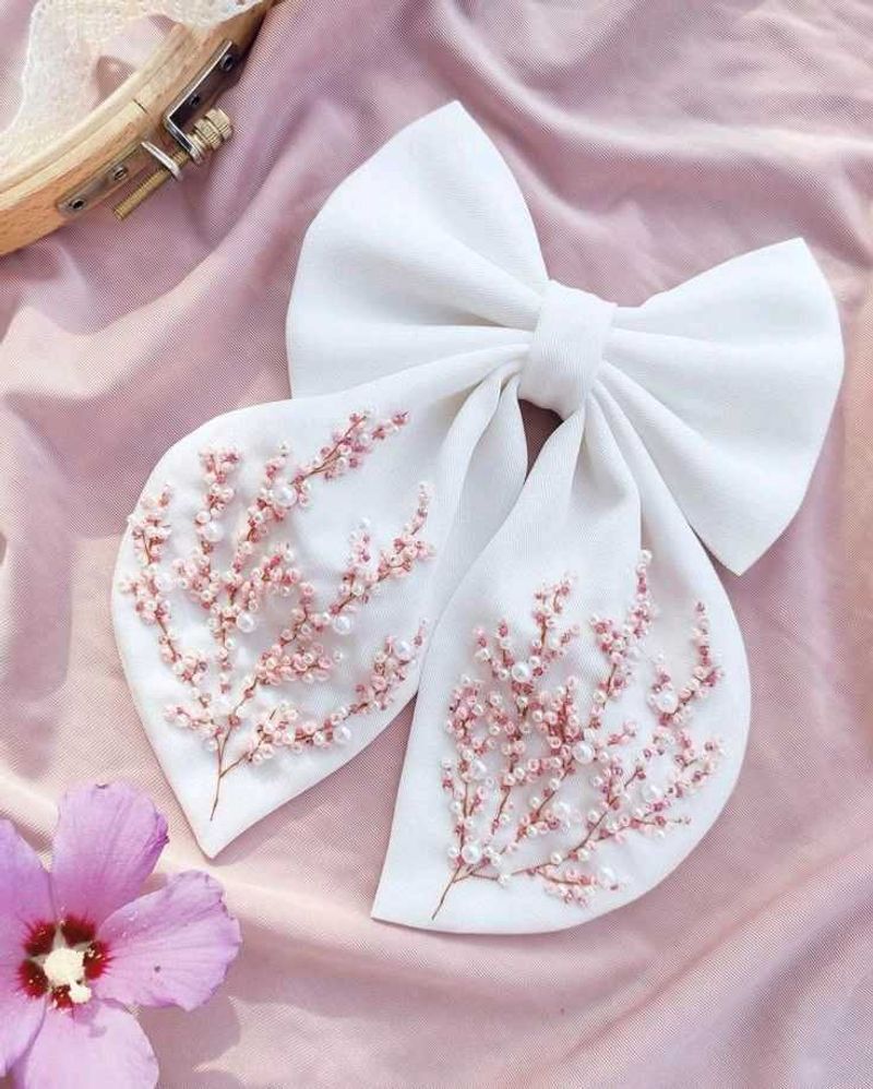 White Floral Embroidered Hair Bow