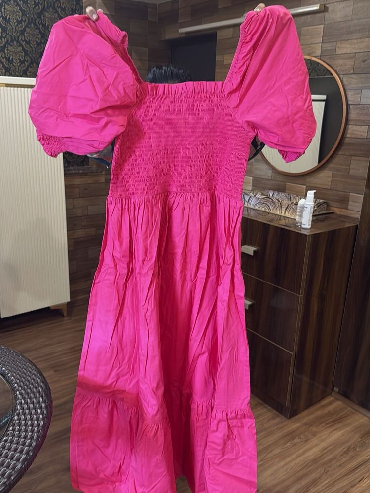 Vibrant Pink Puff Sleeve Midi Dress