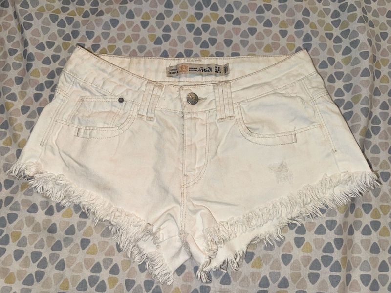 low waist White Denim Distressed Shorts