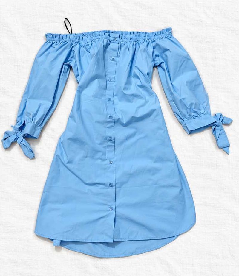 Light Blue Off-Shoulder Button-Up Dress
