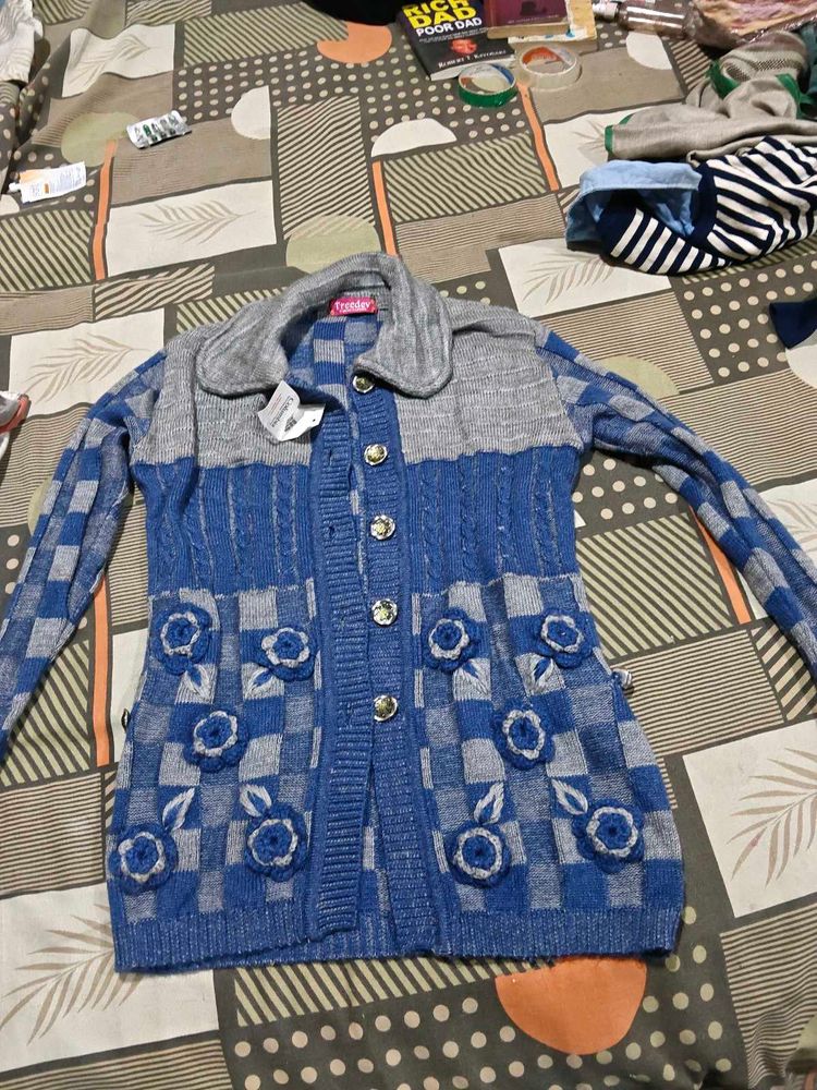 Blue &amp; Grey Knit Cardigan with Floral Detail